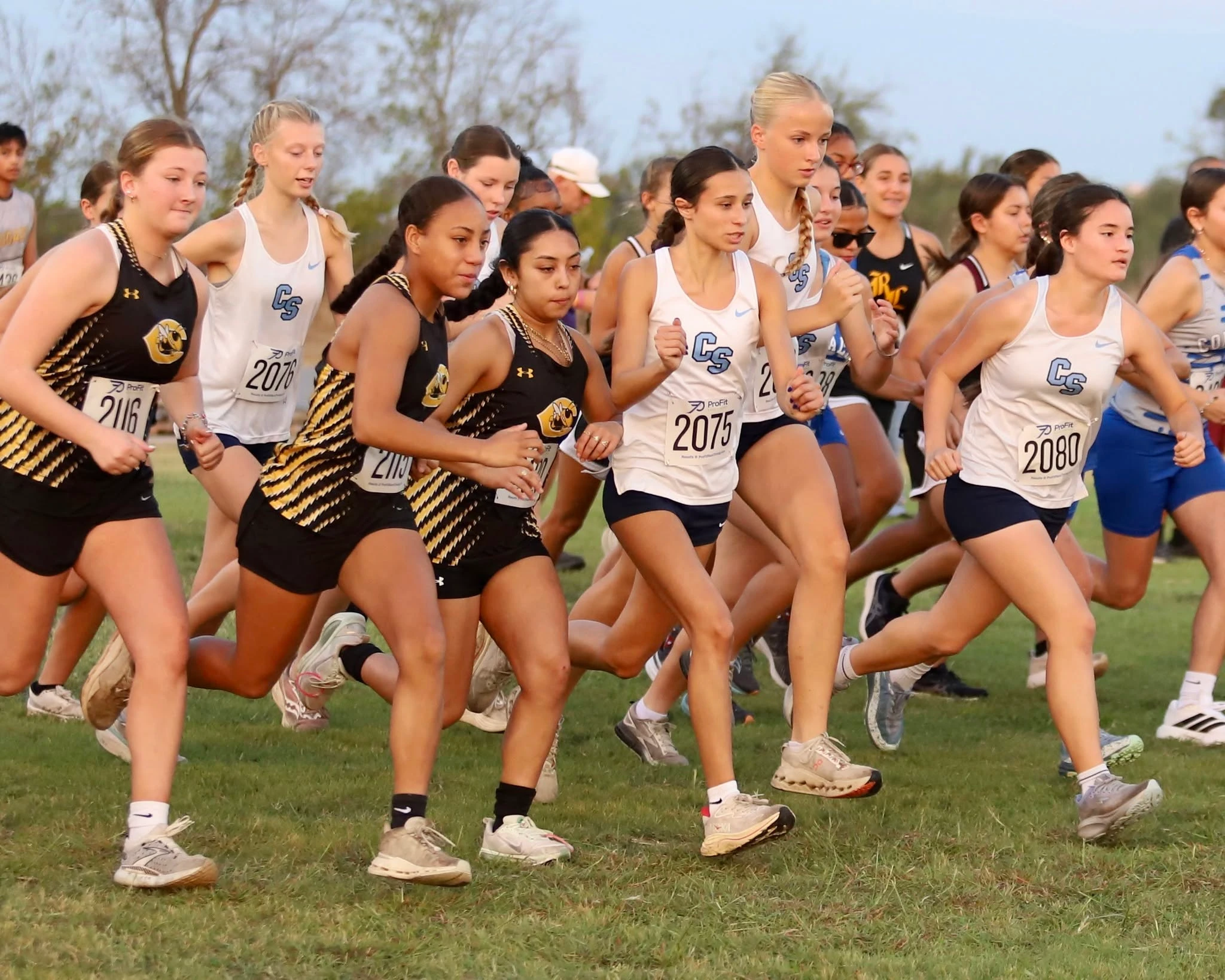 A girls cross-country field in Pro Fit race bibs at the start