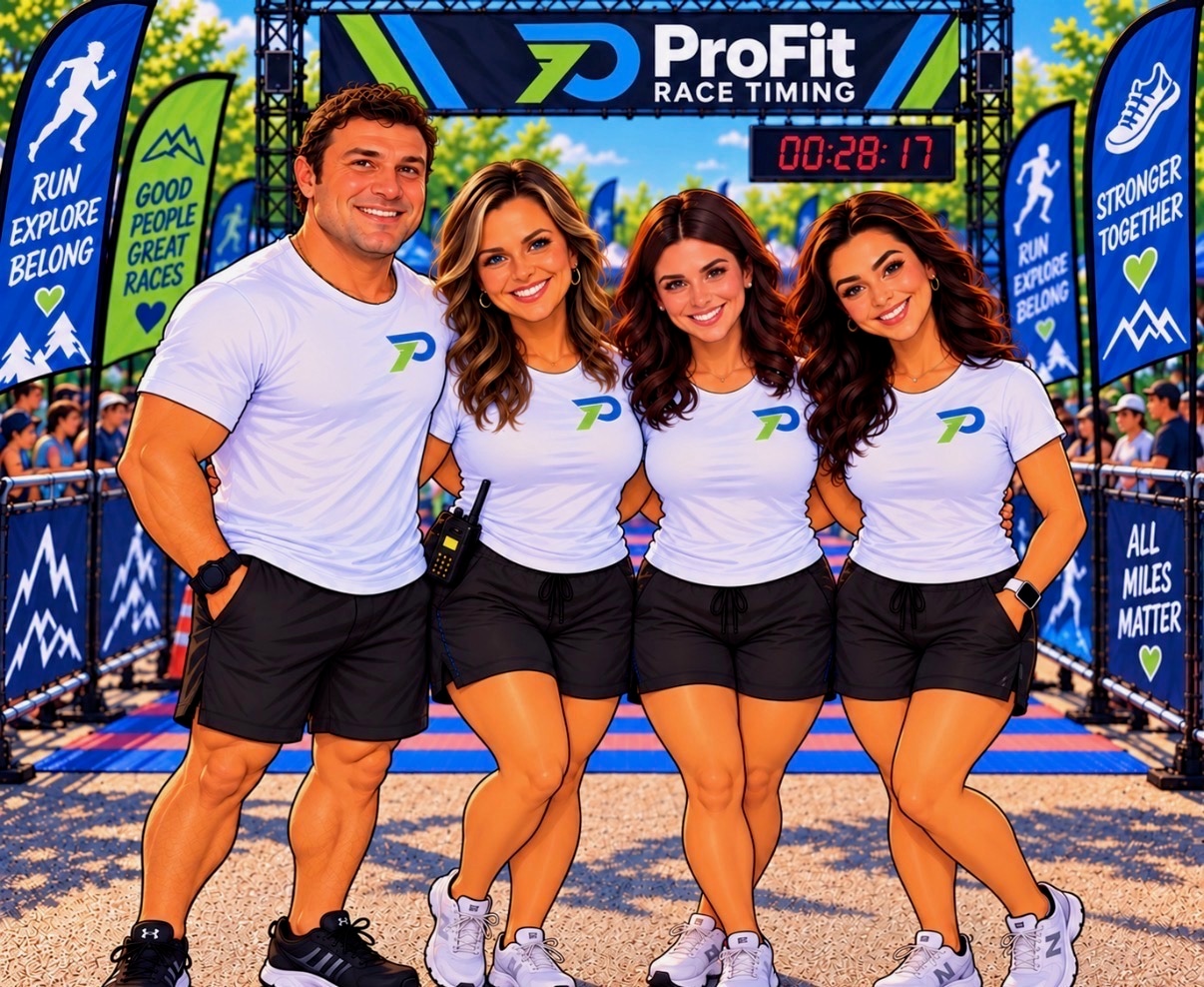 Illustration of four Pro Fit Timing team members at a race finish line